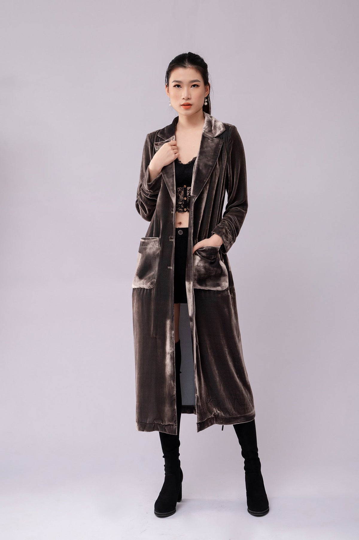 Elegant Women's Velvet Overcoat Coat Conventional Sleeve