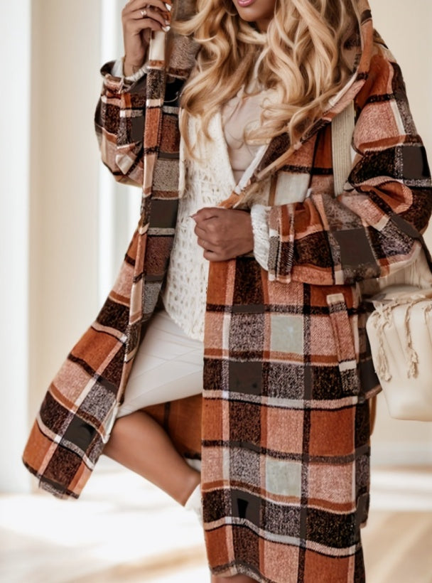 Women's Plaid Hooded Coat With Pocket Detail