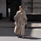 Women's Long Khaki Belted Cape Trench Coat