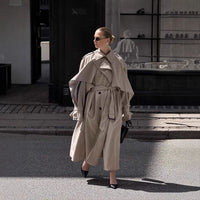 Women's Long Khaki Belted Cape Trench Coat