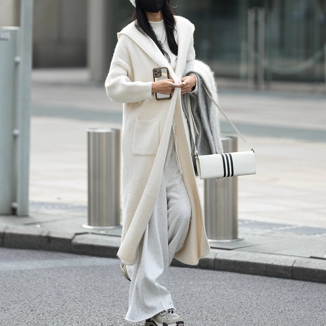 Long Knitted Cardigan Women's Sweater Hooded Trench Coat Coat