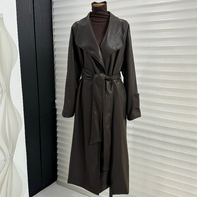 Lapel Mid-length Leather Coat Women