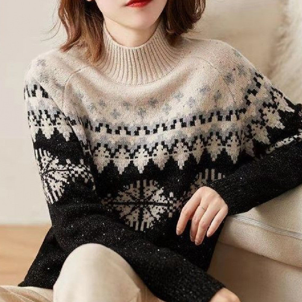Snowflake Turtleneck Knitted Retro Loose Sweater
