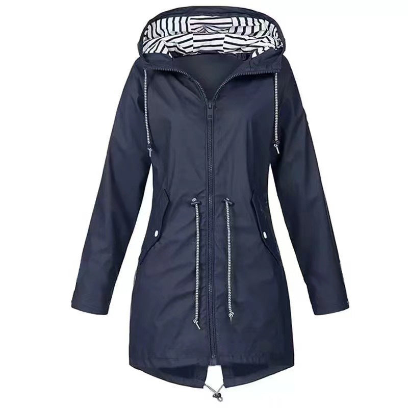 Womens Waterproof Raincoat Casual Basic Outdoors Drawstring Trench Lightweight Drawstring Jackets Hiking Clothes For Women