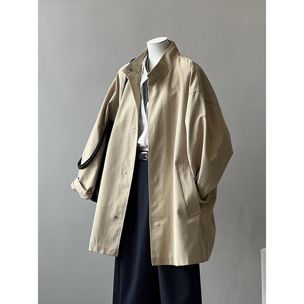 Japanese Style Workwear Style Stand Collar Trench Coat For Women