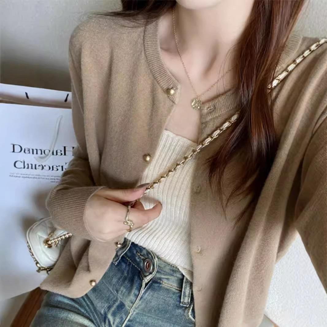 Gray Knitted Cardigan Women's Autumn Outerwear High-grade Sweater Coat