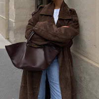 Loose Lapels Brown Long Suede Coat