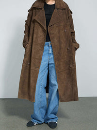 Loose Lapels Brown Long Suede Coat