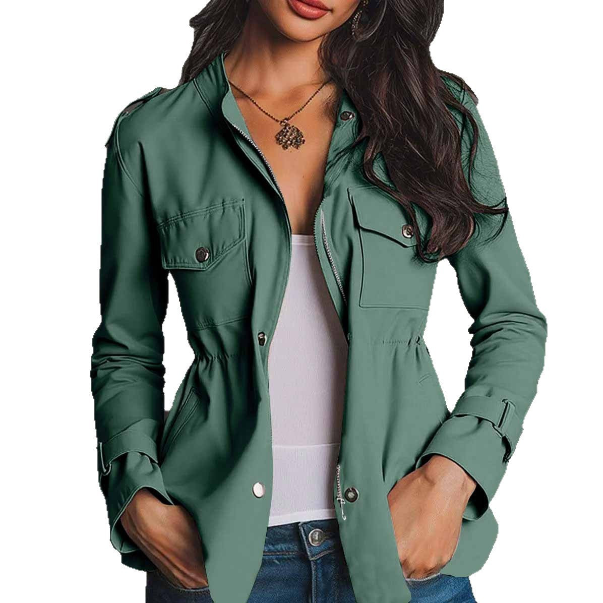 Long Sleeve Waist-tight Jacket Pocket Windbreaker Coat Women's Clothing