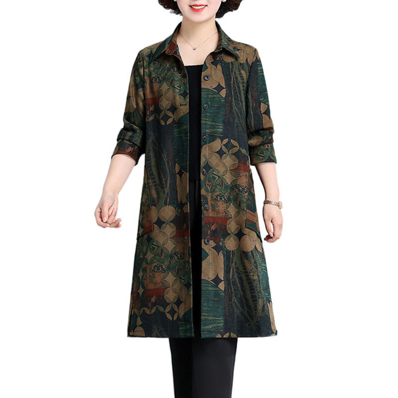 Plus Size Women's Clothing Spring And Autumn Floral Print Trench Coat