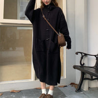 Horn Button Sweater Cardigan Women's Mid-length Turn-down Collar Coat