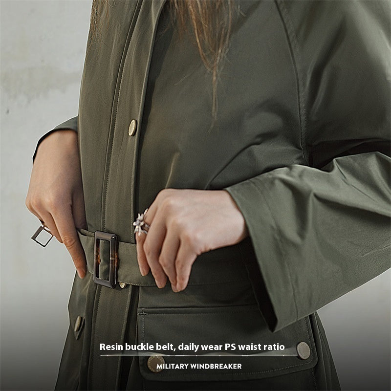 Retro Olive Green Loose Flip Pocket Trench Coat