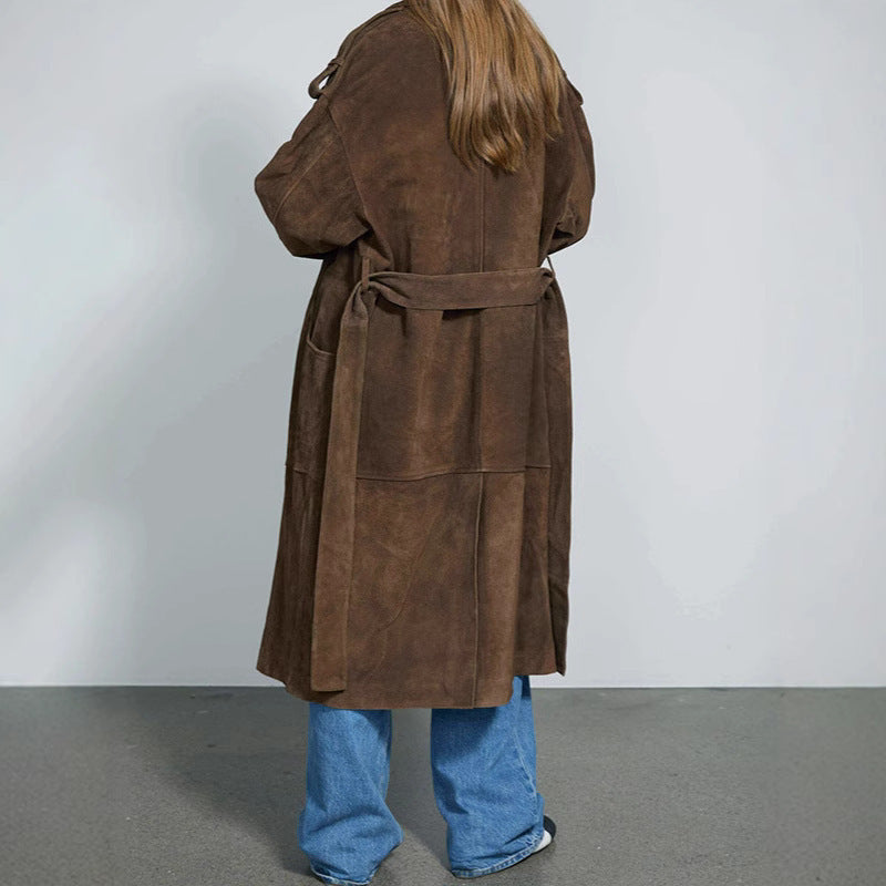 Loose Lapels Brown Long Suede Coat