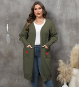 Women's Plus Size Mid-length Woven Love Double Pocket Lantern Sleeve Sweater Cardigan