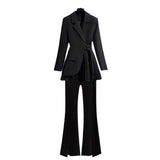 Lapel Design Pleated Skirt Black Suit Jacket For Women