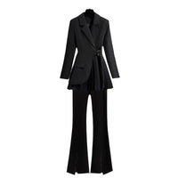Lapel Design Pleated Skirt Black Suit Jacket For Women