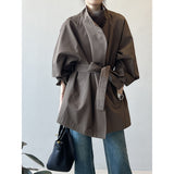 Retro Mid-length Windbreaker Women's Loose Waist Stand Collar Coat