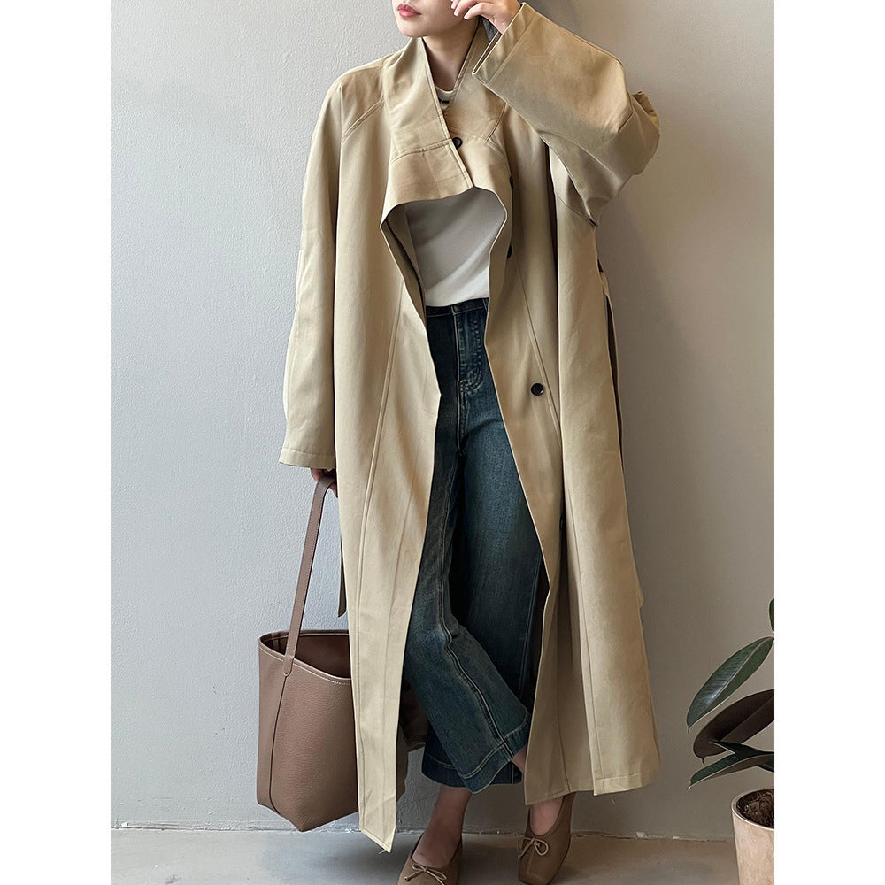 Long Section With A Stand Collar Trench Coat Women's Single-breasted Baggy Coat