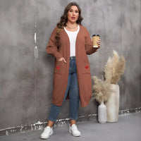 Women's Plus Size Mid-length Woven Love Double Pocket Lantern Sleeve Sweater Cardigan