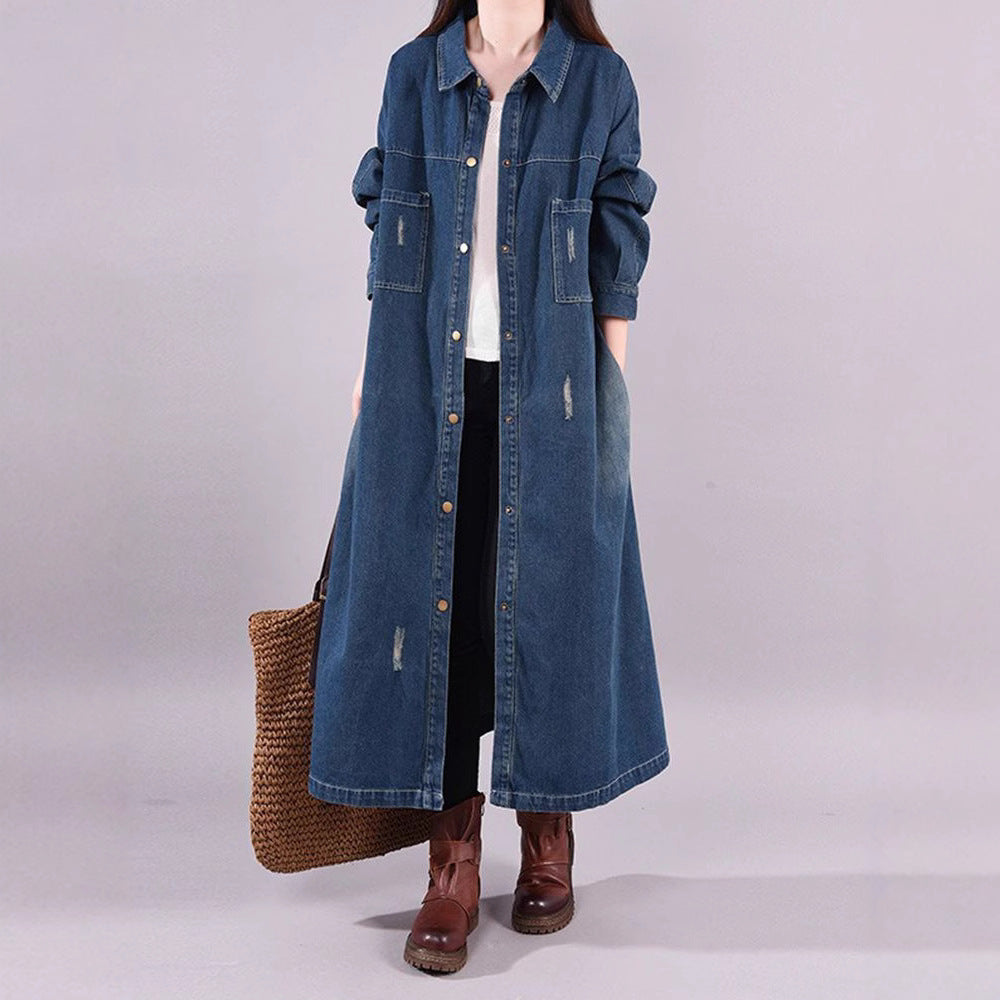 Loose Denim Trench Coat Retro Distressed Mid-length