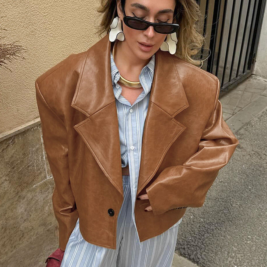 PU Leather Collar Jacket Coat For Women