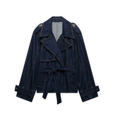 French Blue Belt Short Wide Design Denim Trench Coat