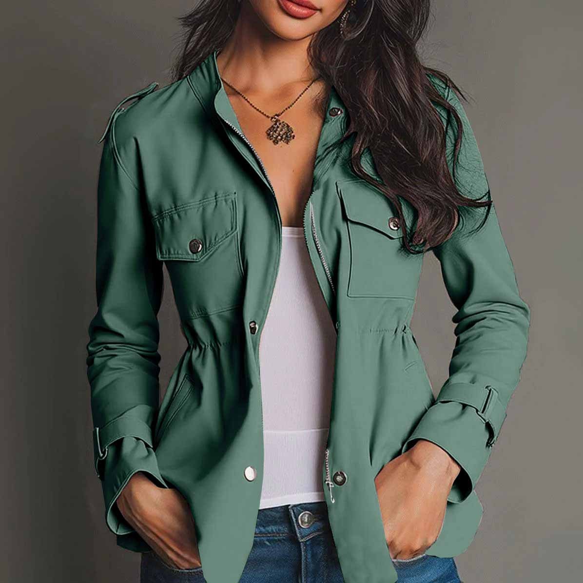 Long Sleeve Waist-tight Jacket Pocket Windbreaker Coat Women's Clothing
