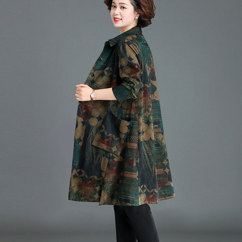 Plus Size Women's Clothing Spring And Autumn Floral Print Trench Coat