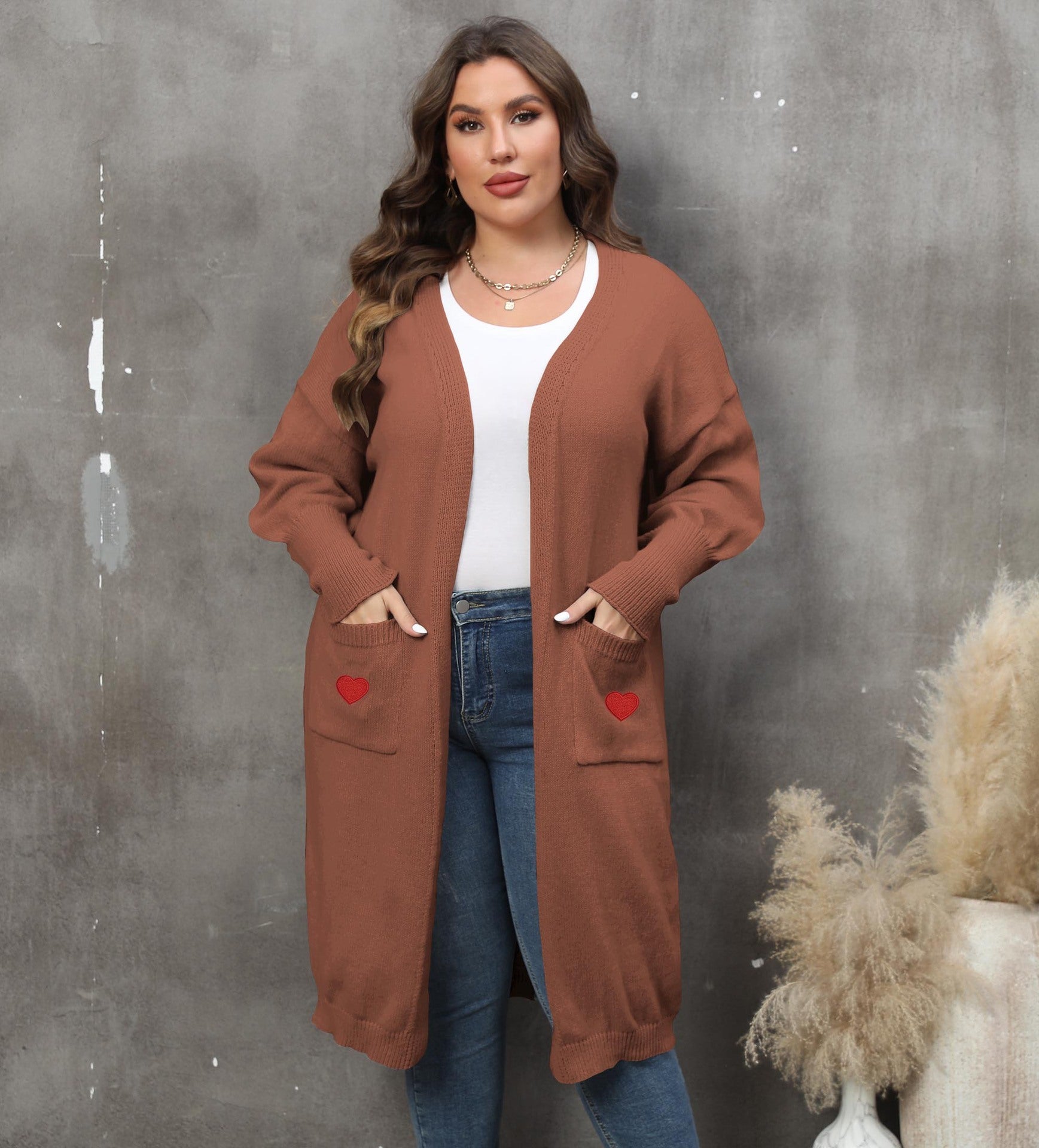 Women's Plus Size Mid-length Woven Love Double Pocket Lantern Sleeve Sweater Cardigan