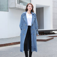 Loose Mid-length Coat With Belt Double Breasted Denim Women's Windbreaker