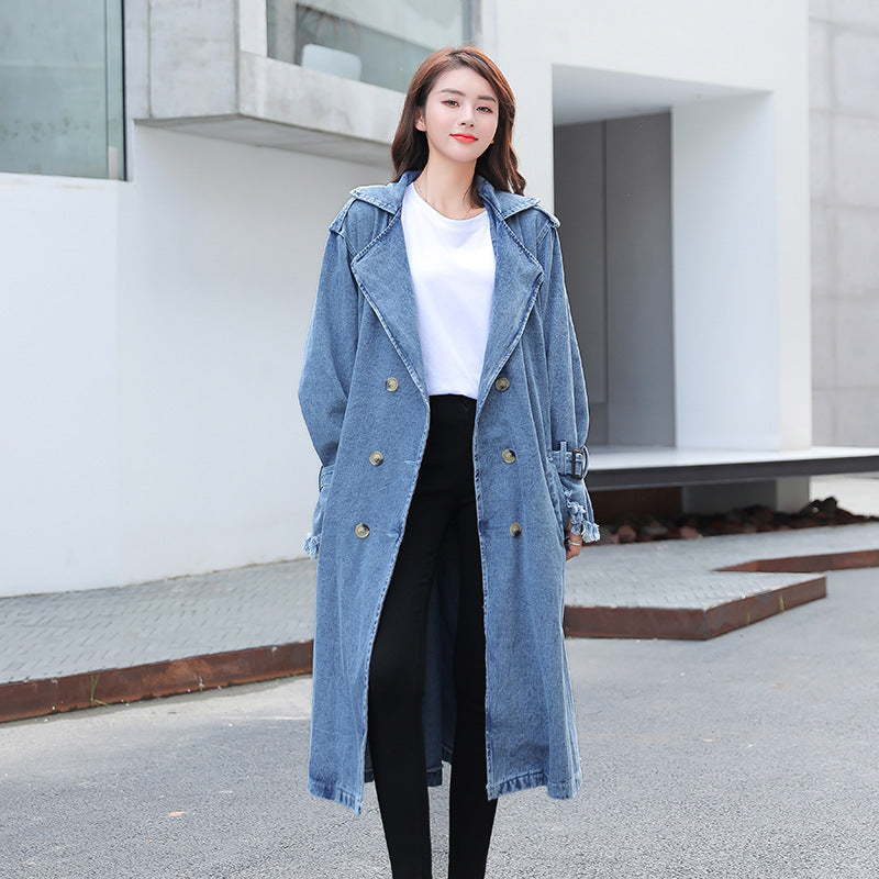 Loose Mid-length Coat With Belt Double Breasted Denim Women's Windbreaker
