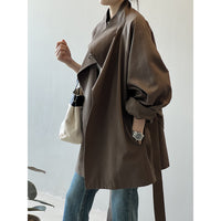 Retro Mid-length Windbreaker Women's Loose Waist Stand Collar Coat