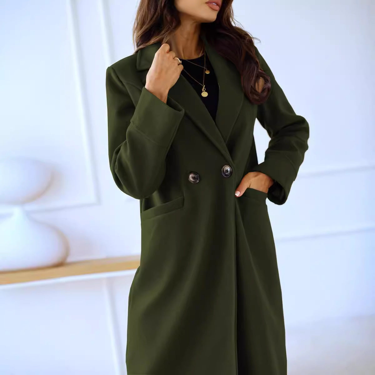 Simple Double Breasted Long Sleeve Lapel Button Woolen Coat