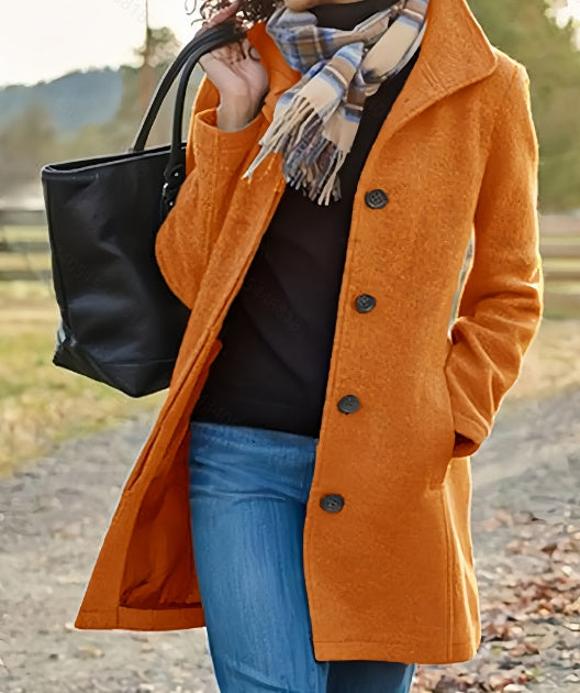 Women's Casual Tweed Coat - Solid Color Mid-Length H-Silhouette Button Front Long Sleeve