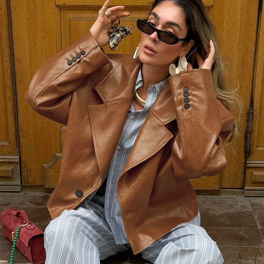 PU Leather Collar Jacket Coat For Women