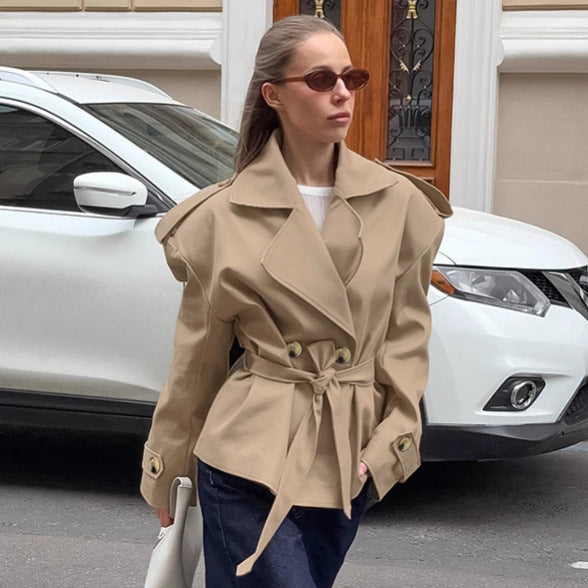 Trendy Casual Lace Up Waist-tight Mid-length Khaki Trench Coat For Women