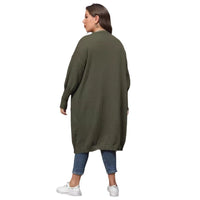 Women's Plus Size Mid-length Woven Love Double Pocket Lantern Sleeve Sweater Cardigan