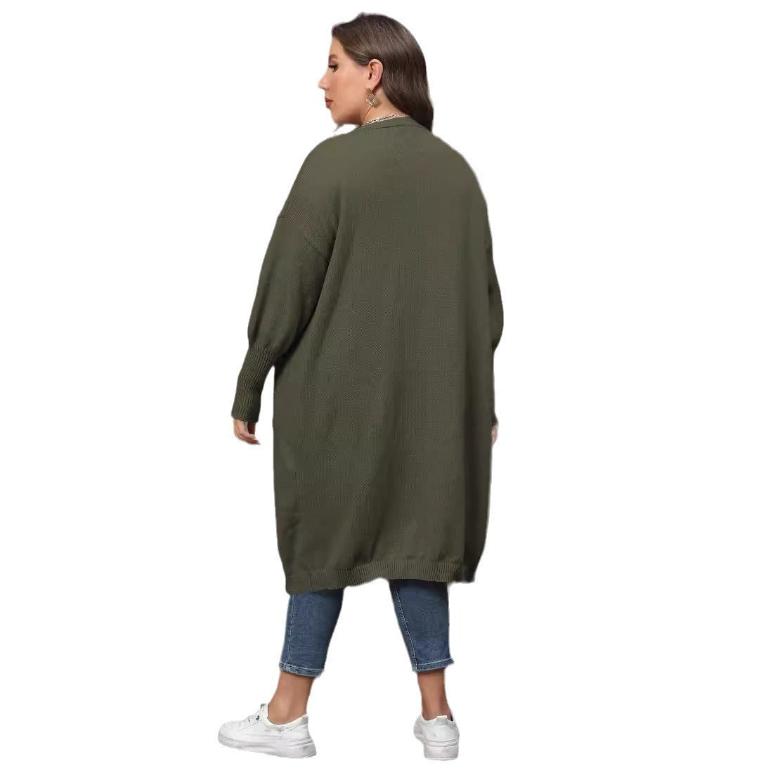 Women's Plus Size Mid-length Woven Love Double Pocket Lantern Sleeve Sweater Cardigan