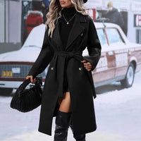 Women's Solid Color Polo Collar Lace Up Double Breasted Long Trench Coat