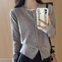Gray Knitted Cardigan Women's Autumn Outerwear High-grade Sweater Coat