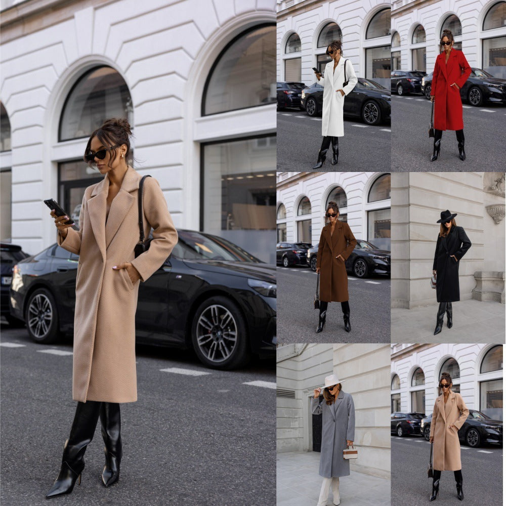 Simple Solid Color Long Sleeve Mid-length Woolen Coat
