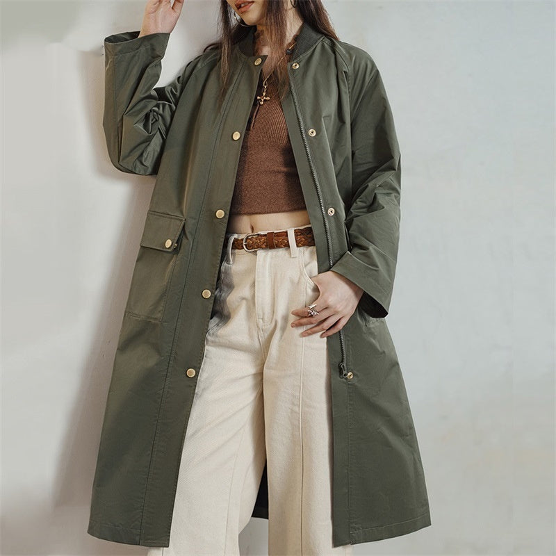 Retro Olive Green Loose Flip Pocket Trench Coat