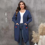Women's Plus Size Mid-length Woven Love Double Pocket Lantern Sleeve Sweater Cardigan