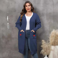 Women's Plus Size Mid-length Woven Love Double Pocket Lantern Sleeve Sweater Cardigan