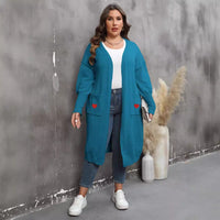 Women's Plus Size Mid-length Woven Love Double Pocket Lantern Sleeve Sweater Cardigan