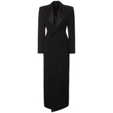 Satin Inlaid Color Collar Double Breasted Black Suit Fashion Trench Coat