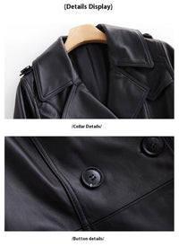 Black Long Tie Double Breasted Leather Wind Coat