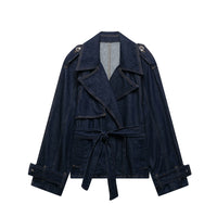 French Blue Belt Short Wide Design Denim Trench Coat