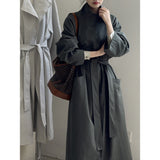 Retro Lapels One Button Mid-length Trench Coat Women's Belt Coat