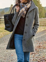 Women's Casual Tweed Coat - Solid Color Mid-Length H-Silhouette Button Front Long Sleeve